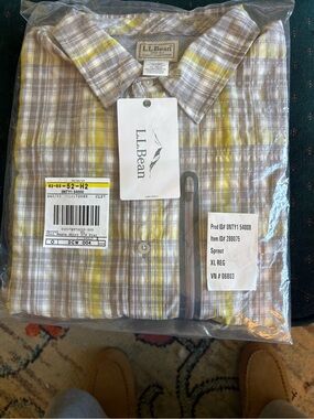 L.L. Bean Men’s Plaid Short Sleeve Cool weave button down — Yellow & Gray XL